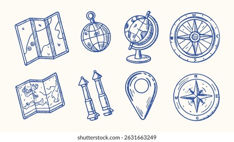 Hand drawn travel navigation elements maps compass arrows and other journey icons