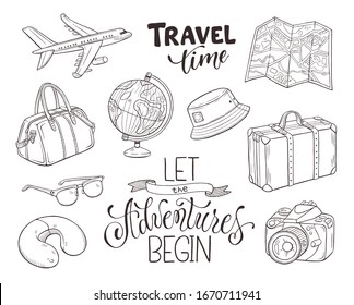 Hand drawn travel objects collection. Vector illustration of tourist elements isolated on white background. Let the adventures begin.