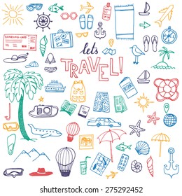 The hand drawn travel objects for your design. Doodles and lettering.