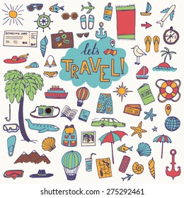 The hand drawn travel objects for your design. Doodles and lettering.