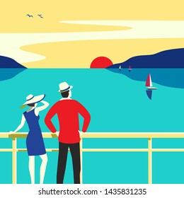 Viajes realizados a mano en el vector de crucero transatlántico. Afiche del paisaje costero. Vista panorámica del océano azul. Vacaciones vacacionales en el mar. Navegación mar relajado vectorial viaje anuncio de viaje turístico fondo