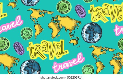 Hand Drawn Travel Pattern. Travel Vector Background. Vector Illustration.