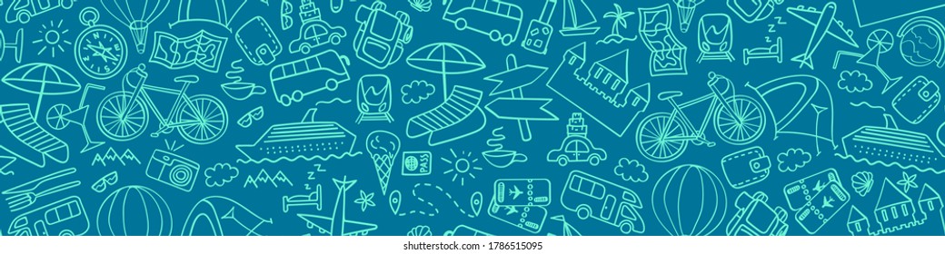 Hand drawn travel seamless banner. Summer vacation doodles on blue background. Vector illustration.