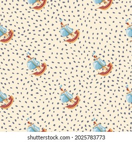 Hand drawn travel seamless pattern with blue sailboat ship elements print. Dotted background. Pastel colors. Designed for fabric design, textile print, wrapping, cover. Vector illustration.