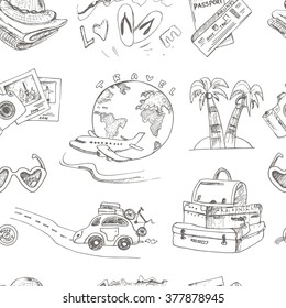 Hand drawn travel seamless pattern. Useful for identity, packaging, design and interior decorating.