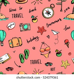 Hand drawn travel seamless pattern with compass, bikini, sunglasses, camera, cocktail. Vector illustration. Beach and summer holiday background design.
