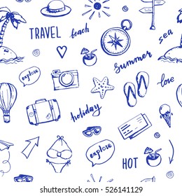 Hand drawn travel seamless pattern with compass, bikini, sunglasses, camera, cocktail. Vector illustration. Beach and summer holiday background design.