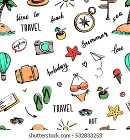 Hand drawn travel seamless pattern with compass, bikini, sunglasses, camera, cocktail. Vector illustration. Beach and summer holiday background design.