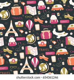 Hand Drawn Travel Seamless Pattern.Travel Doodle Background.