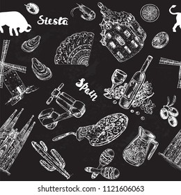 Hand drawn travel set. Spain on a black background seamless pattern