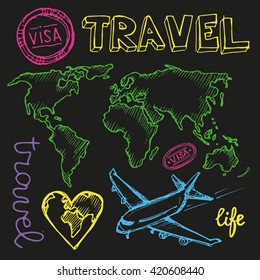 Hand drawn travel set vector. Vector illustration.