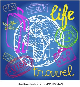 Hand drawn travel set.  Vector illustration.