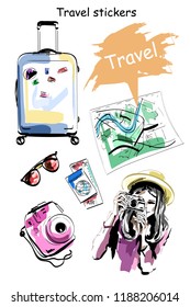 Hand drawn travel stickers set. Group of travel icons. Sketch. Vector illustration.