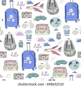 Hand drawn travel stuff. Colored graphic vector seamless pattern