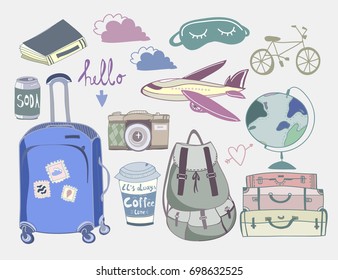 Hand drawn travel stuff. Colored graphic vector set. All elements are isolated