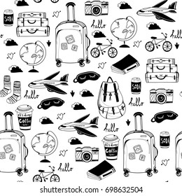 Hand drawn travel stuff. Graphic vector seamless pattern