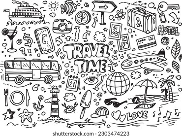 Hand drawn travel time doodles, vector illustration