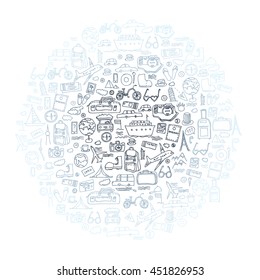 Hand drawn travel, tourism doodles elements vector illustration.