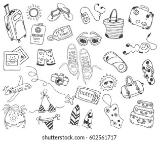 Hand drawn travel, vacation, travel, beach doodle Icons collection on white background. Vector illustration for your design