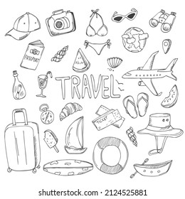 Hand drawn travel, vacation big doodle Icons collection on white background. Vector illustration