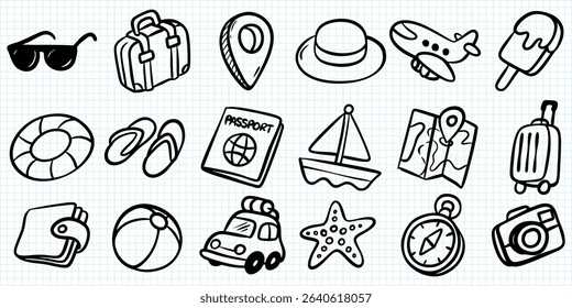 Hand Drawn Travel and Vacation Doodle Icon Set.