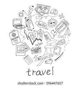 Hand Drawn Travel, Vacation Doodle Icons Collection On White Background. Vector Illustration