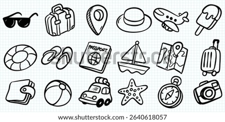 Hand Drawn Travel and Vacation Doodle Icon Set.
