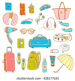 Hand drawn travel and vacation icons isolated. Backpack, umbrella, travel bag, glasses, sleep mask, travel pillow, headphones, wallet, case, handbag, hair dryer, sneakers, body cream, deodorant.