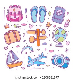 Hand drawn traveling icon collection full color