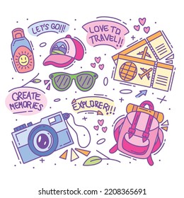 Hand drawn traveling icon set collection full color