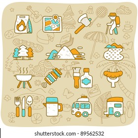 Hand drawn travel,picnic ,camping icon set