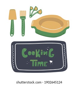 Hand drawn tray, baking dish, spatula, silicone brush for greasing, measuring spoons. Text Cooking time. 