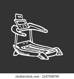 Hand drawn treadmill doodle. Sketch sports equipment and simulators, icon. Decoration element. Isolated on black background. Vector illustration.
