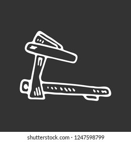 Hand drawn treadmill doodle. Sketch sports equipment and simulators, icon. Decoration element. Isolated on black background. Vector illustration.