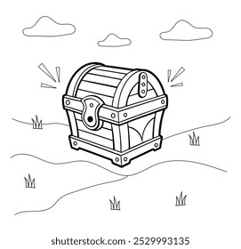 Hand drawn treasure chest coloring book page for kids 