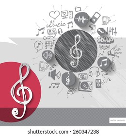 Hand drawn treble clef icons with icons background. Vector illustration