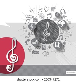 Hand drawn treble clef icons with icons background. Vector illustration
