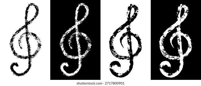 Conjunto de clave de agudos dibujado a mano creado con tiza y carbón. Iconos musicales en blanco y negro en estilo de boceto infantil con textura grunge áspera. Vector aislado
