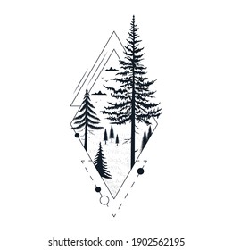 Hand drawn tree badge with fir and pine.. Geometric wanderlust frame for label or tattoo. Vector isolated evegreen forest print. 