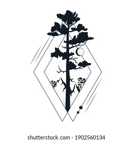 Bandera de árbol dibujada a mano con montaña y pino. Marco vagabundo geométrico para etiqueta o tatuaje. Impresión de la selva lunar aislada del vector. 
