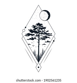 Bandera de árbol dibujada a mano con pino y estrellas. Impresión de la selva lunar aislada del vector.  Marco vagabundo geométrico para etiqueta o tatuaje. 