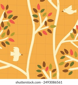 Handgezeichneter Baum mit Vogel nahtloses Muster Oktober Herbst Herbst Herbst Natur Illustration Bildschirmhintergrund Hintergrund Dekorativer Textildruck Fantasiedesign