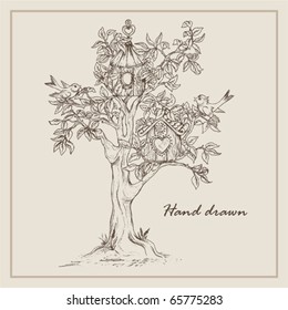 Hand drawn tree with birds