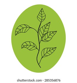 Hand drawn tree branch with a black outline and green circles isolated on white backrground