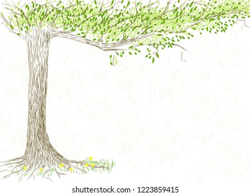 Hand drawn tree with branches and leaves and roots. Pastel colors.