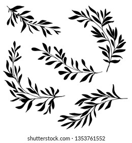 Hand drawn tree branches with leaves isolated on white background. Monochrome botanical illustration. Black and white silhouette drawing. Vector image.