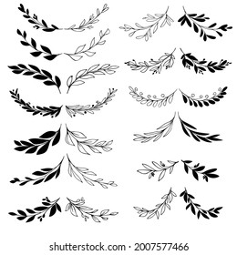 Hand drawn tree branches with leaves and berries in black and white. Line art and silhouette tree branch set. Graphic design elements. Vector image.