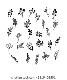 Hand drawn tree branches with leaves and flowers, floral, cute, Spring time, blossom. Vector seamless pattern with herbs.