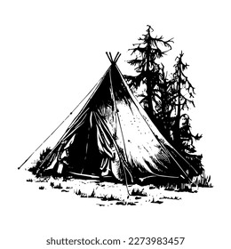 Illustrations vectorielles dessinées à la main et à la tente de camping en linocut.