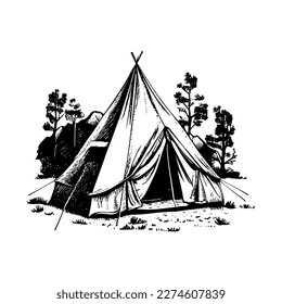 Hand drawn tree and camping tent linocut style vector illustrations.